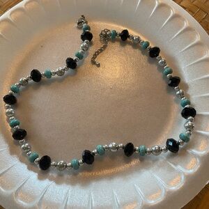 Source Unknown Silver, Black & Turquoise Beaded Necklace